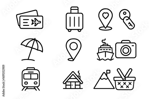 Couples Travel Icons. Outline icon set of travel surprises for couples: plane ticket, suitcase, passport,