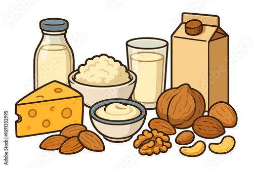 Dairy food and nuts set. Milk in glass, bottle and carton, cheese, cottage cheese, yogurt. Almond, walnut, cashew. Healthy food, protein, calcium, nutrition. Vector cartoon.