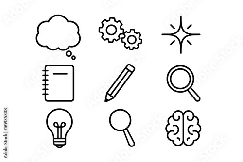 Idea Icon Grid. Outline icon set of idea generation: thought bubble, gears, spark, notebook, pencil,