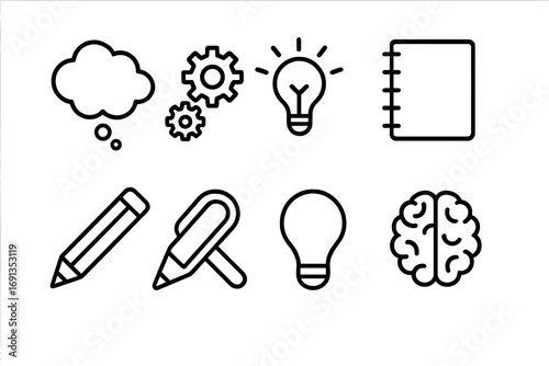Idea Icon Grid. Outline icon set of idea generation: thought bubble, gears, spark, notebook, pencil,