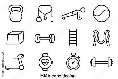 MMA Fitness Icons. Outline icon set of MMA conditioning: kettlebell, resistance band, push-up icon, medicine