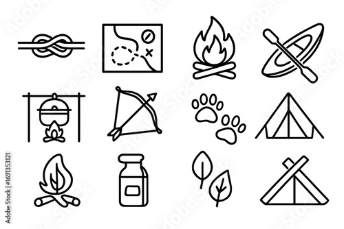 Camp Skills Icons. Outline icon set of camp skills: knot tying, map reading, fire starting, canoeing, cooking,