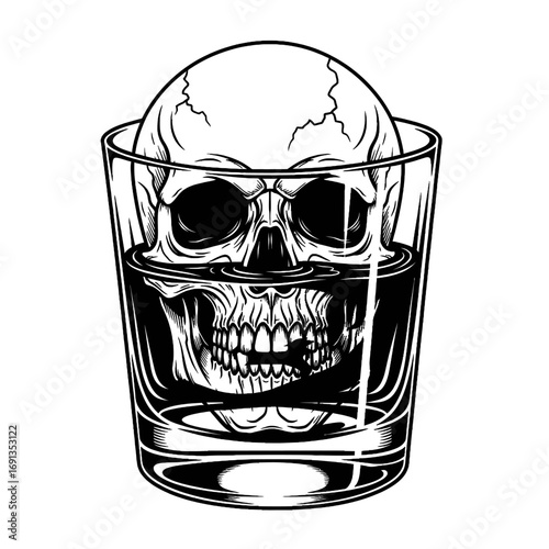 Line art tattoo design of a skull in a rocks glass with liquid.