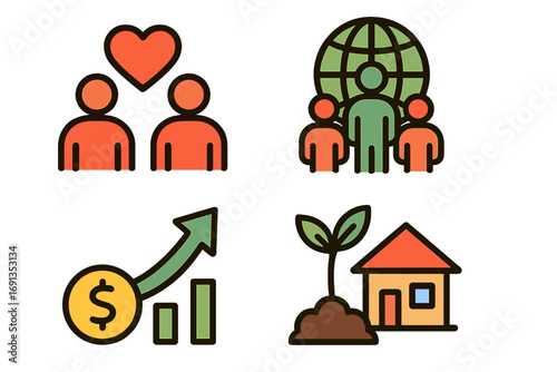 Social impact icon set for community development projects and financial growth. Sustainable initiatives vector. ESG concept with people, globe, profit chart, and new home.