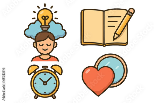 Self-care icons for personal well-being. Mindfulness, journaling, time management, self-love symbols. Mental health and personal growth concept vector cartoon illustration set.