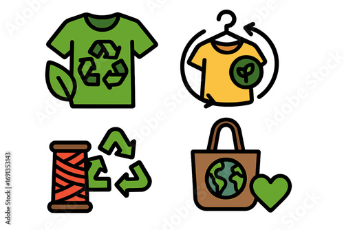 Sustainable fashion icon set. Eco friendly clothing, circular economy, recycled materials. Vector for green, ethical consumerism. Slow fashion and conscious consumption concept.
