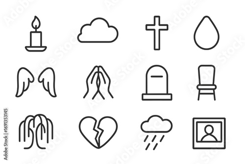 Sorrow Icon Set. Outline icon set of sorrow and grief: candle, dark cloud, teardrop, cross, angel wings,