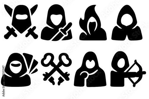 Fantasy Stealth Icons. Solid, filled icon set of fantasy stealth classes: rogue, assassin, nightblade, shadow mage, phantom scout,