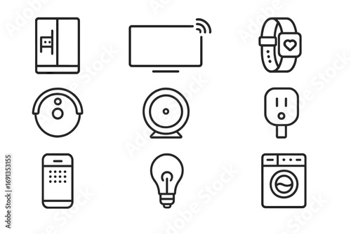 Smart Device Icons. Outline icon set of smart devices: smart fridge, connected TV, home assistant, wearable