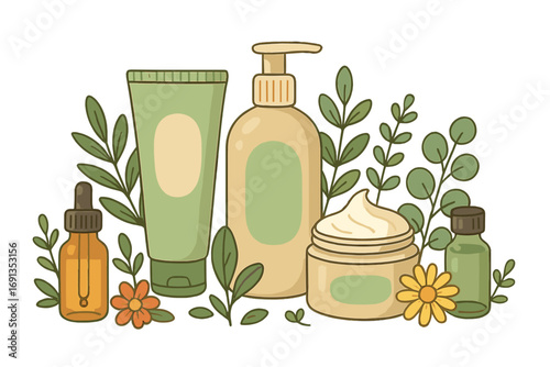 Natural organic skincare cosmetic set. Vector cartoon illustration. Beauty products with herbal plants and flowers. Cream, serum, lotion for face and body care. Minimalistic design.