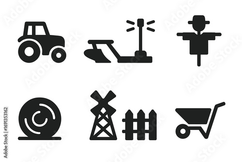 Farm Equipment Icons. Solid, filled icon set of field equipment: tractor, plow, irrigation system, scarecrow, hay bale, windmill,