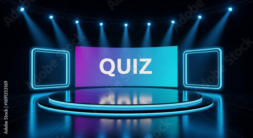 3D rendered illustration of a quiz stage with neon lights and a vibrant gradient background