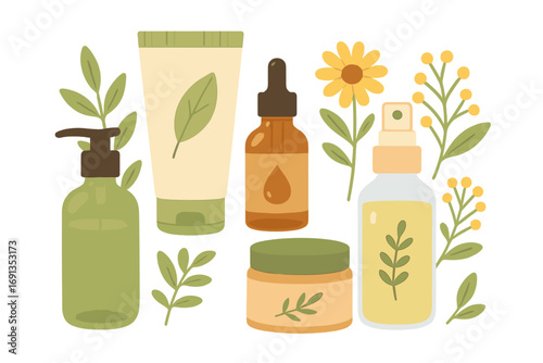 Natural skincare products set. Organic cosmetic collection with cream tube, serum oil, spray, lotion bottle. Beauty routine. Herbal eco-friendly cosmetology concept vector.