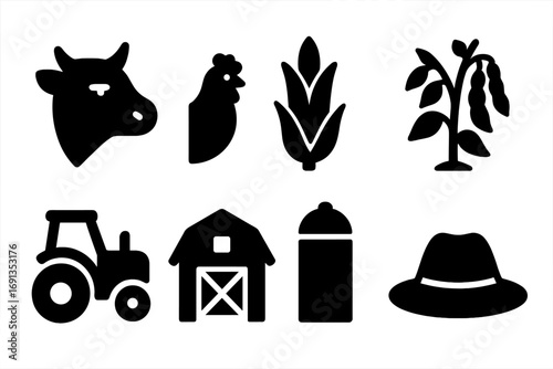 Farm Icons Grid. Solid, filled icon set of farm animals and crops: cow, chicken, corn stalk, bean plant, tractor, barn, silo,