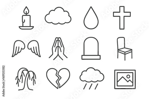 Sorrow Icon Set. Outline icon set of sorrow and grief: candle, dark cloud, teardrop, cross, angel wings,