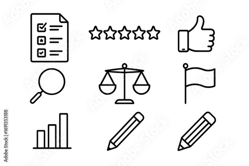 Idea Evaluation Icons. Outline icon set of idea evaluation: checklist, star rating, thumbs up, magnifying