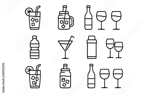 Picnic Beverage Icons. Outline icon set of picnic beverages: iced tea, lemonade, wine bottle, wine glasses,