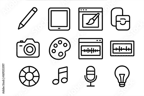 Creative Tech Icon Set. Outline icon set of creative tech tools: digital pen, tablet, paint app, editing