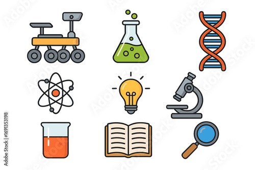 Science and research icon set. Flat cartoon vector icons for education. DNA, microscope, chemistry flask, atom, rover, book, light bulb idea. Biology, physics concepts.