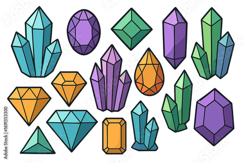 Crystal and gemstone collection vector icon set. Colorful cartoon jewels, diamonds, and precious stones. Magic healing crystals for geology, esoteric, or game design.