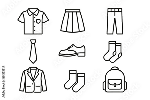 School Uniform Icons. Outline icon set of school uniforms: shirt, skirt, pants, tie, shoes, socks, blazer,