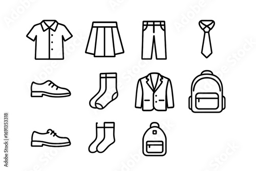 School Uniform Icons. Outline icon set of school uniforms: shirt, skirt, pants, tie, shoes, socks, blazer,