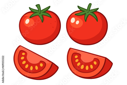 Cartoon tomato set vector illustration. Whole fresh red tomato and slice or wedge. Healthy organic vegetable food for cooking. Simple flat design element isolated on white.