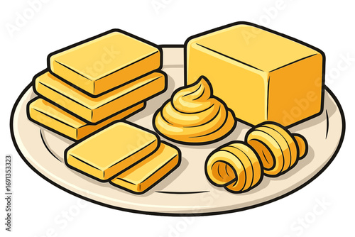 Butter stick, slices, curls and spread on a plate. Dairy food product for cooking or breakfast. Fresh yellow margarine in various forms. Vector cartoon illustration icon.