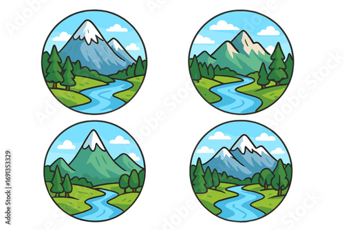 Mountain river logo set. Nature landscape circle badge. Vector illustration collection for hiking, travel, adventure. Scenic summer valley with snow peaks and forest trees.