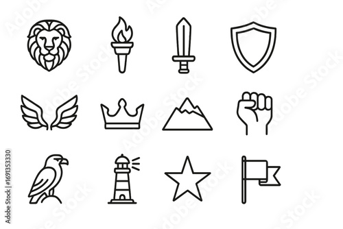 Courage Icon Set. Outline icon set of Courage and bravery symbols: lion head, torch flame, sword, shield, open wings, crown,