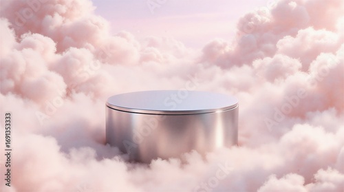 Fototapeta Naklejka Na Ścianę i Meble -  dreamy rose gold podium amidst soft pink sky and fluffy clouds | advertising, cosmetic, elegant, luxury, product theme