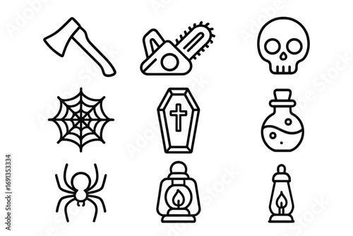 Scary Props Icons. Outline icon set of scary props: axe, chainsaw, skull, cobweb, coffin, potion, spider,