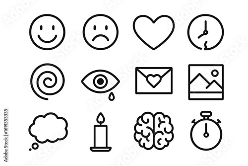 Time and Emotions Icons. Outline icon set of time and emotions: happy face, sad face, heart, broken clock,