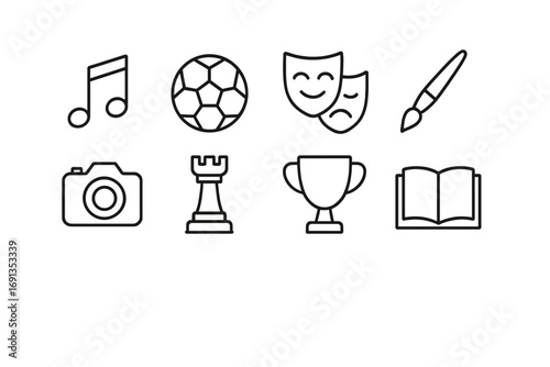 Extracurricular Icons Grid. Outline icon set of extracurricular activities: music notes, sports ball, theater
