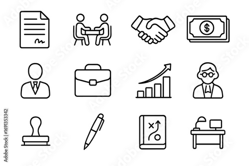 Venture Deal Icons Set. Outline icon set of venture deals: signed contract, negotiation table, handshake,