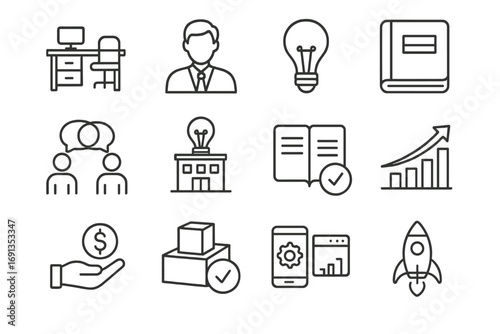 Business Incubation Icons. Outline icon set of business incubation: office desk, mentor, lightbulb,