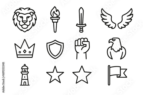 Courage Icon Set. Outline icon set of Courage and bravery symbols: lion head, torch flame, sword, shield, open wings, crown,