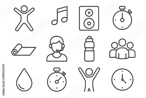 Aerobics Icon Set. Outline icon set of group aerobics class: jumping pose, music notes, speaker, stopwatch,