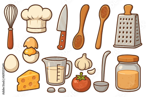 Set of cartoon kitchen tools and cooking ingredients. Vector collection for culinary concept. Includes chef hat, knife, whisk, grater, egg, cheese, tomato and garlic.