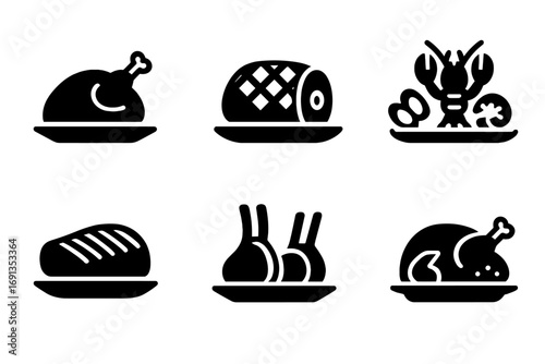 Festive Dish Icons. Solid, filled icon set of festive main dishes: roast turkey, glazed ham, beef Wellington, seafood platter,