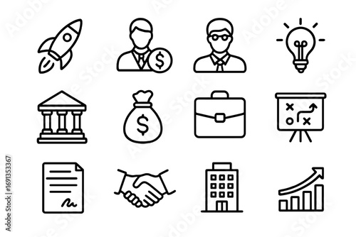 Venture Ecosystem Icons. Outline icon set of venture capital ecosystem: startup rocket, investor, mentor,