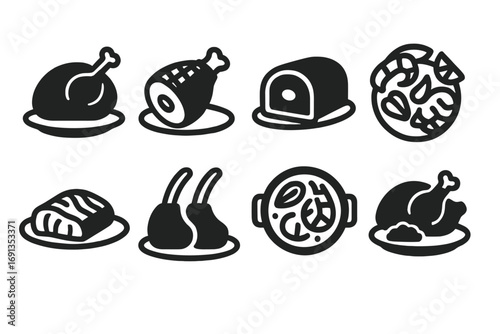 Festive Dish Icons. Solid, filled icon set of festive main dishes: roast turkey, glazed ham, beef Wellington, seafood platter,