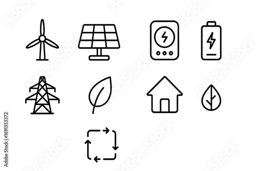 Renewable Energy Icons. Outline icon set of renewable energy integration: wind turbine, solar panel, smart