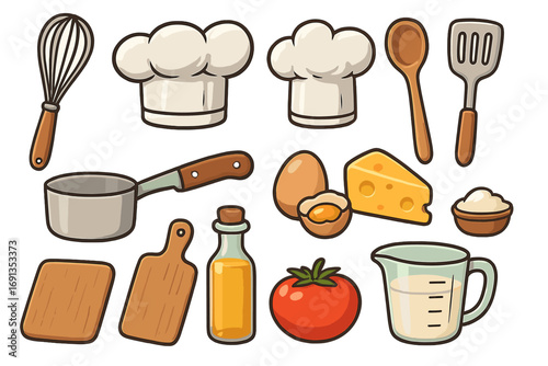 Kitchen tools and cooking ingredients vector icon set. Culinary equipment for food preparation. Chef hat, whisk, pot, egg, cheese, oil, tomato. Gastronomy clip art.