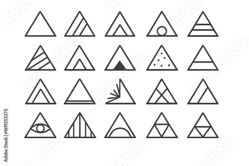 Set of triangle icons. Geometric minimalist abstract symbols. Modern line art design elements for logo. Esoteric and sacred geometry collection with eye of providence.