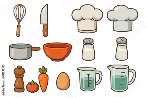 Cooking and baking icon set. Kitchen utensils and food ingredients collection. Vector cartoon illustration for gastronomy. Whisk, chef hat, knife, pot, bowl, egg, vegetables.