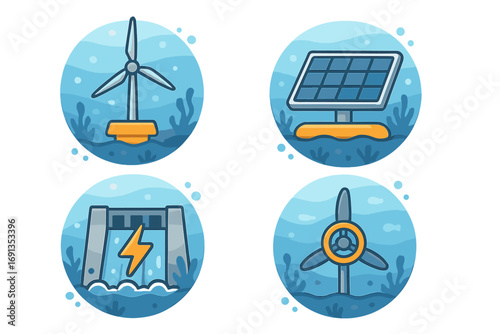 Green energy icon set with wind turbine, floating solar panel, hydroelectric dam, and tidal power. Renewable and sustainable technology vector illustrations for ecology concepts.