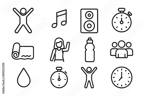 Aerobics Icon Set. Outline icon set of group aerobics class: jumping pose, music notes, speaker, stopwatch,