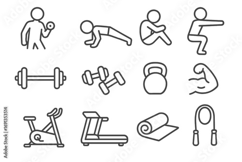 Exercise line icons set. Fitness, workout, gym pictograms. Vector illustration. Healthy sport lifestyle. Dumbbell, plank, squat, crunch, barbell, kettlebell, bicep.