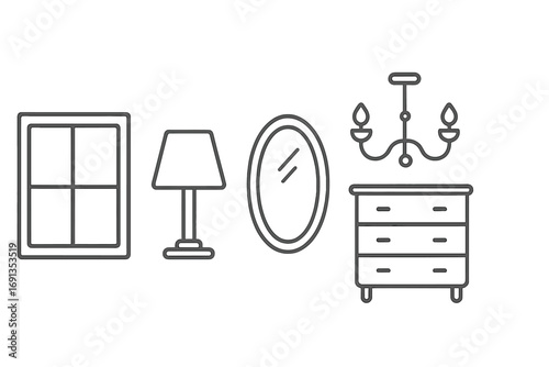 Home interior icons set including window, lamp, oval mirror, dresser with drawers, and chandelier with candles, editable stroke vector illustration for web, apps, books, cards design